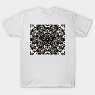 Black and Cream Mandala Tapestry Pattern T-Shirt